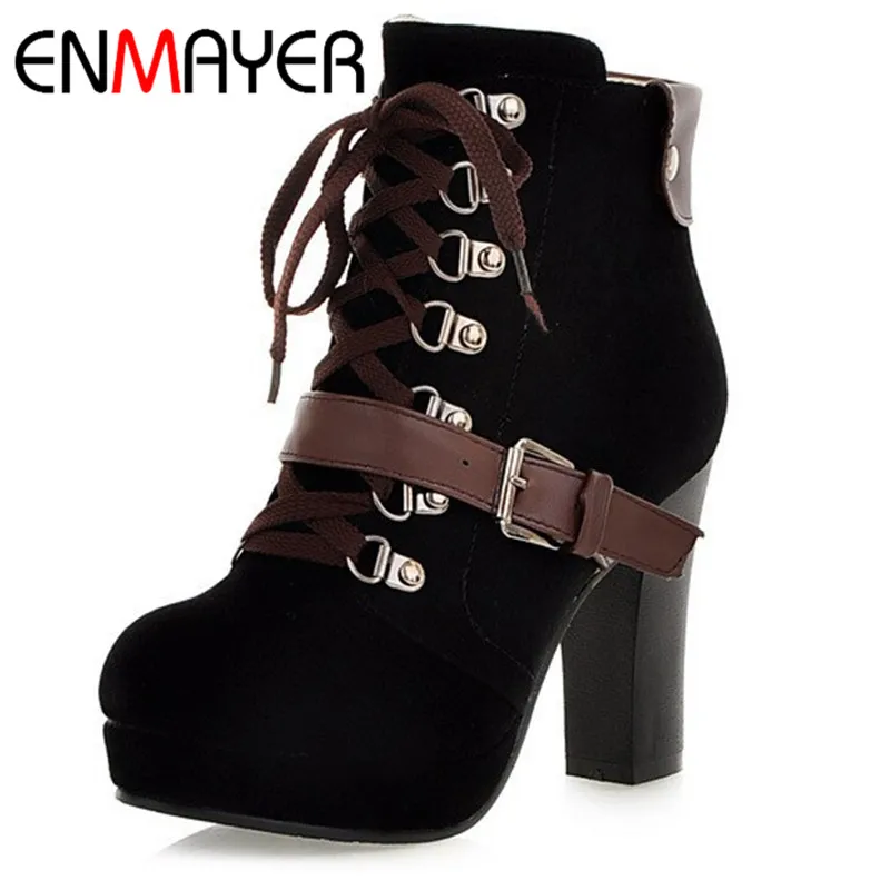 ФОТО ENMAYER Fashion Vintage Style Thick Black Ankle Boots for Women Booties High Heel Women Cut-out Winter Casual Ladies Shoes