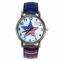 Pentagram Fourth of July Celebration USA Flag Fashion Accessories Stripes Denim Cloth Canvas Band Quartz Wrist Watch 1