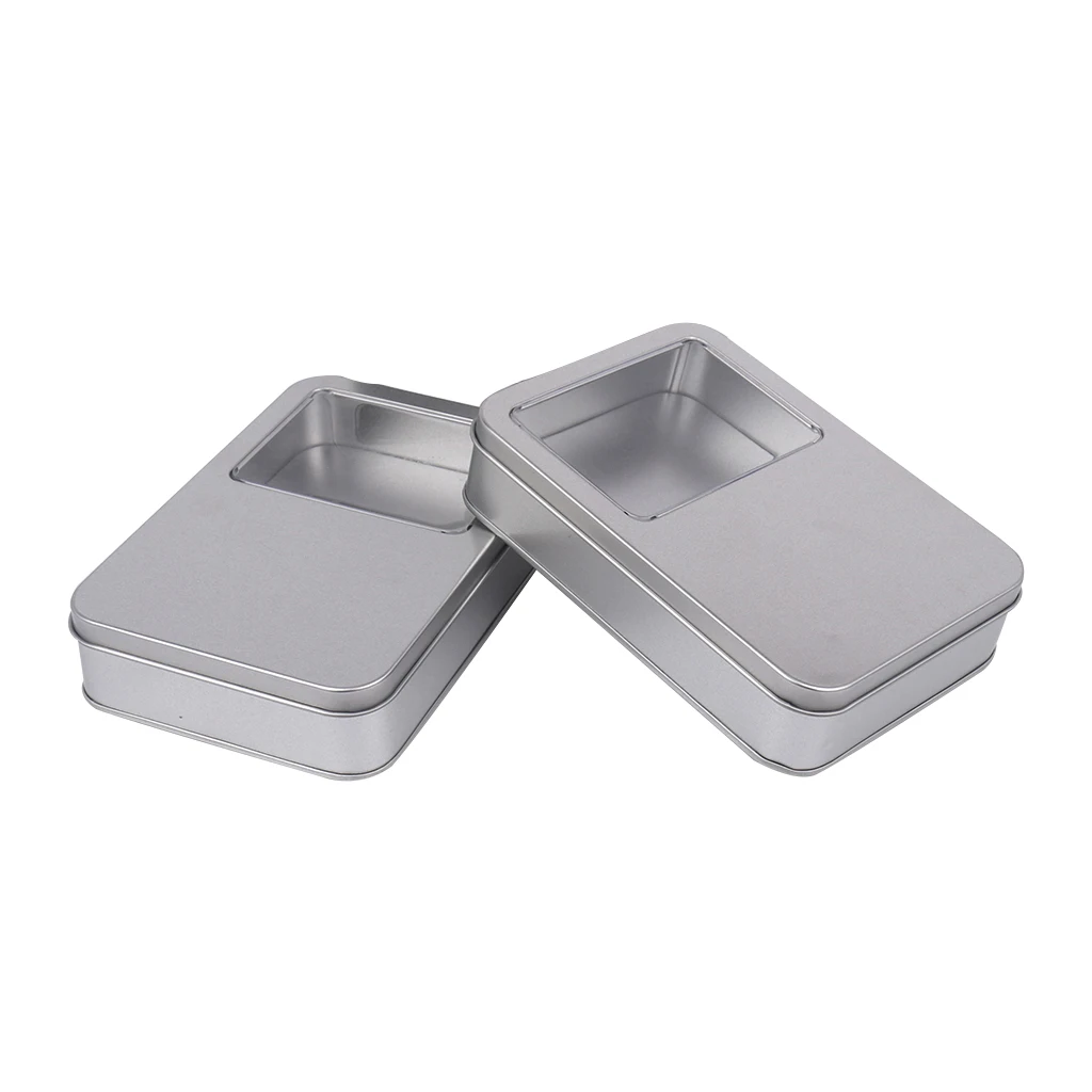 2 Pieces Rectangular Empty Tin Clear Window Top Metal Tin Can Box Storage Case Crafts Survival Kit 160x110x35mm