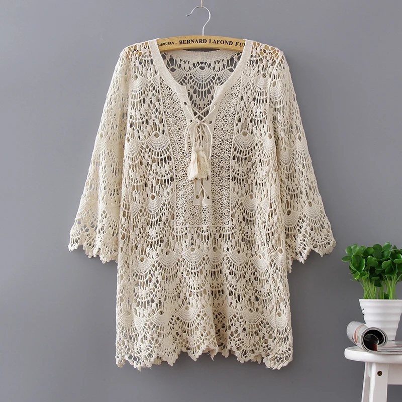 Qiukichonson Long Lace Shirts Women Summer Boho Tops Ladies Sweet Cute Hollow Out Crochet Lace Up Lace Blouses Beach Cover Up