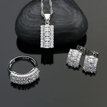 

925 Sterling Silver Jewelry Sets For Women White Cubic Zirconia Crystal Stud Earrings Ring Necklace Pendant Set