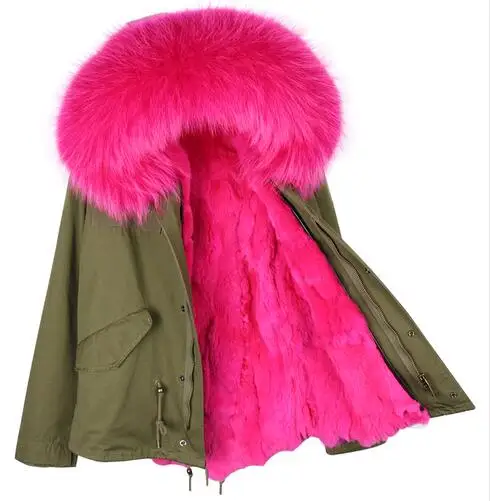 Зимняя куртка Модные женские армейский зеленый воротник из меха енота, куртка-парка с капюшоном, верхняя одежда Съемная подкладка из кроличьего меха - Цвет: color 5