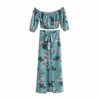 

2019 Women suit] Summer Fashion Women's One-neck Short Lantern Sleeve Print Shirt High Waist Bow Lace Skirt