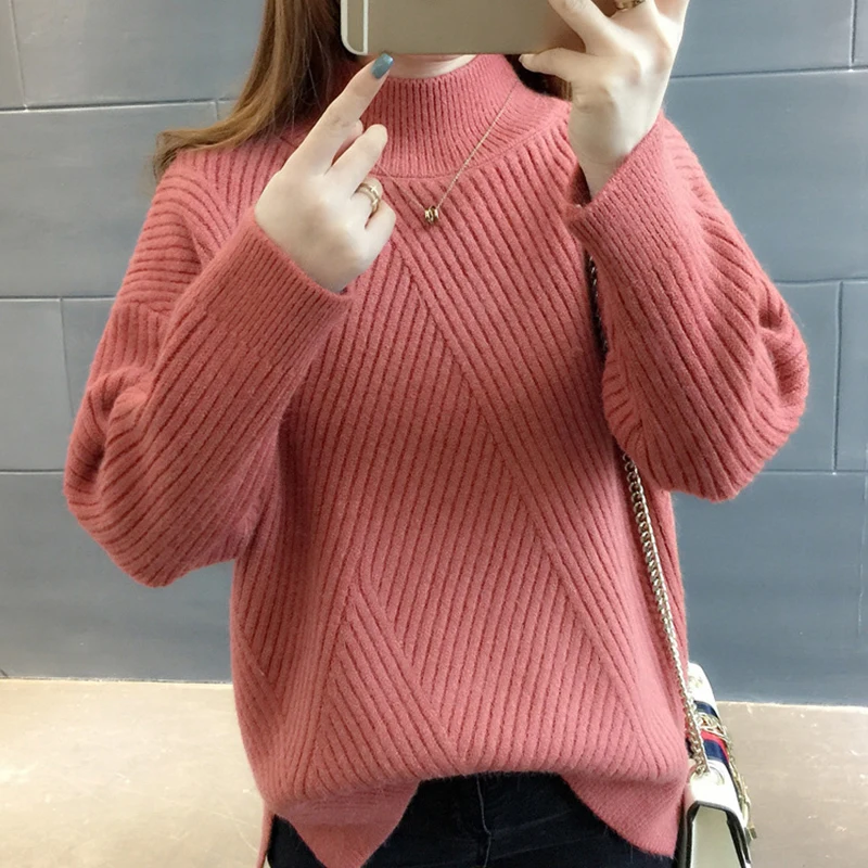 PEONFLY New 2019 Loose Thick Warm Winter Pullover Sweater Women Jumper Half Turtleneck Long Sleeve Knit Yellow Sweater Female