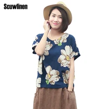 SCUWLINEN/ Летние Стильные женские топы, Винтажная футболка с круглым вырезом и цветочным принтом с коротким рукавом для женщин, повседневный льняной Топ больших размеров