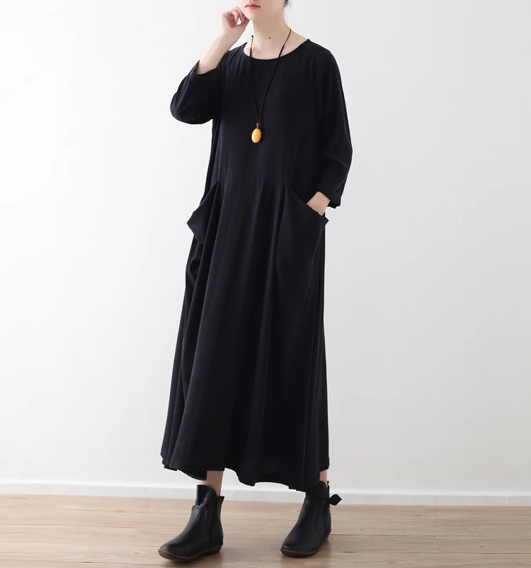 Plus Size Women Solid Black Red Dress Pockets Autumn New Casual Cotton Linen Loose O-Neck Vintage Long Sleeve Maxi Dress