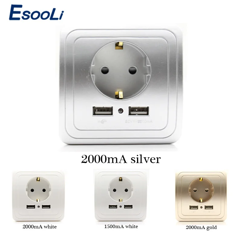 

Esooli Best Dual USB Port 2000mA Wall Charger Adapter EU Socket With Usb Power Outlet Panel multiplug socket with usb