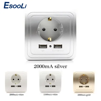 

Esooli Best Dual USB Port 2000mA Wall Charger Adapter EU Socket With Usb Power Outlet Panel multiplug socket with usb