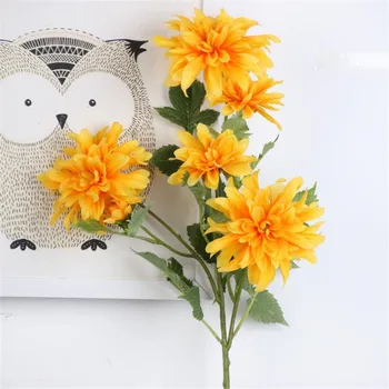 

Fake Long Stem Dahlia (5 heads/piece) Simulation Pompon with Green Leaf for Wedding Home Decorative Artificial Flowers