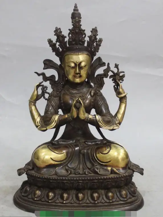 

S01016 14"Purple Bronze 24K Gold 4 Hands arms Chenrezig Buddha Avalokiteshvara Statue (B0328)