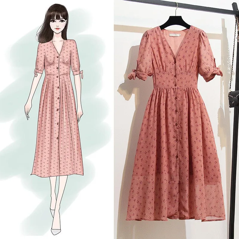 

Fashion 2019 Summer New Floral Print A-Line Chiffon Dress Women V-Neck Short Sleeve Empire Mid Dress Beach Party Dresses
