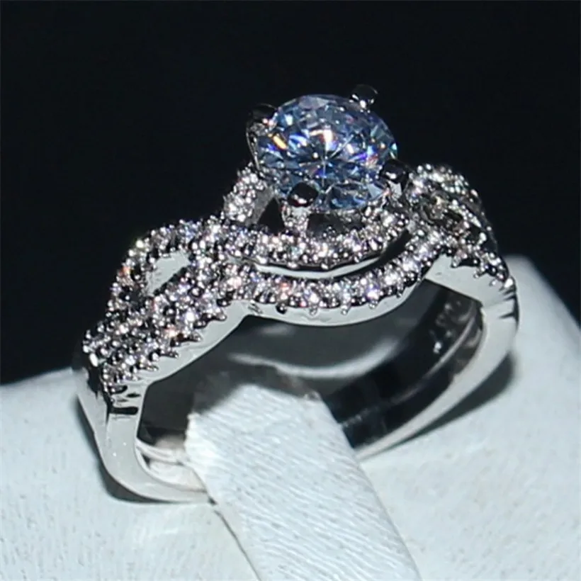 Vecalon Brand Jewelry Classic Stone 5A Zircon Birthstone 10KT White Gold Filled 2-in-1 Wedding Ring Set Engagement Band Sz 5-11 | Украшения