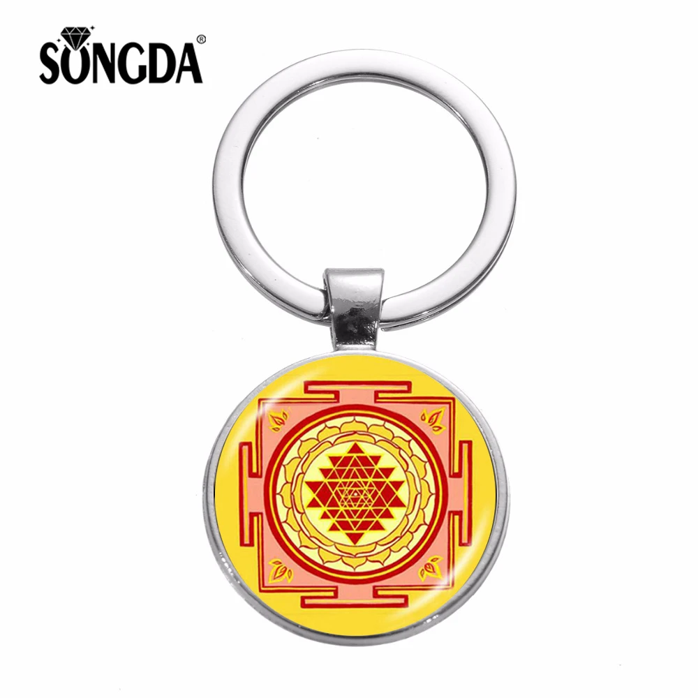 

SONGDA Sri Yantra Mandala Flower Keychain Creative Sacred Geometry Flower of Life Buddhist Chakra Pattern Glass Key Chain Holder