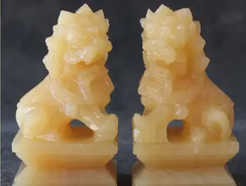 

Chinese Yellow Jade Carving Foo Fu Dog Guardion Lion Lions Animal Statue Pair