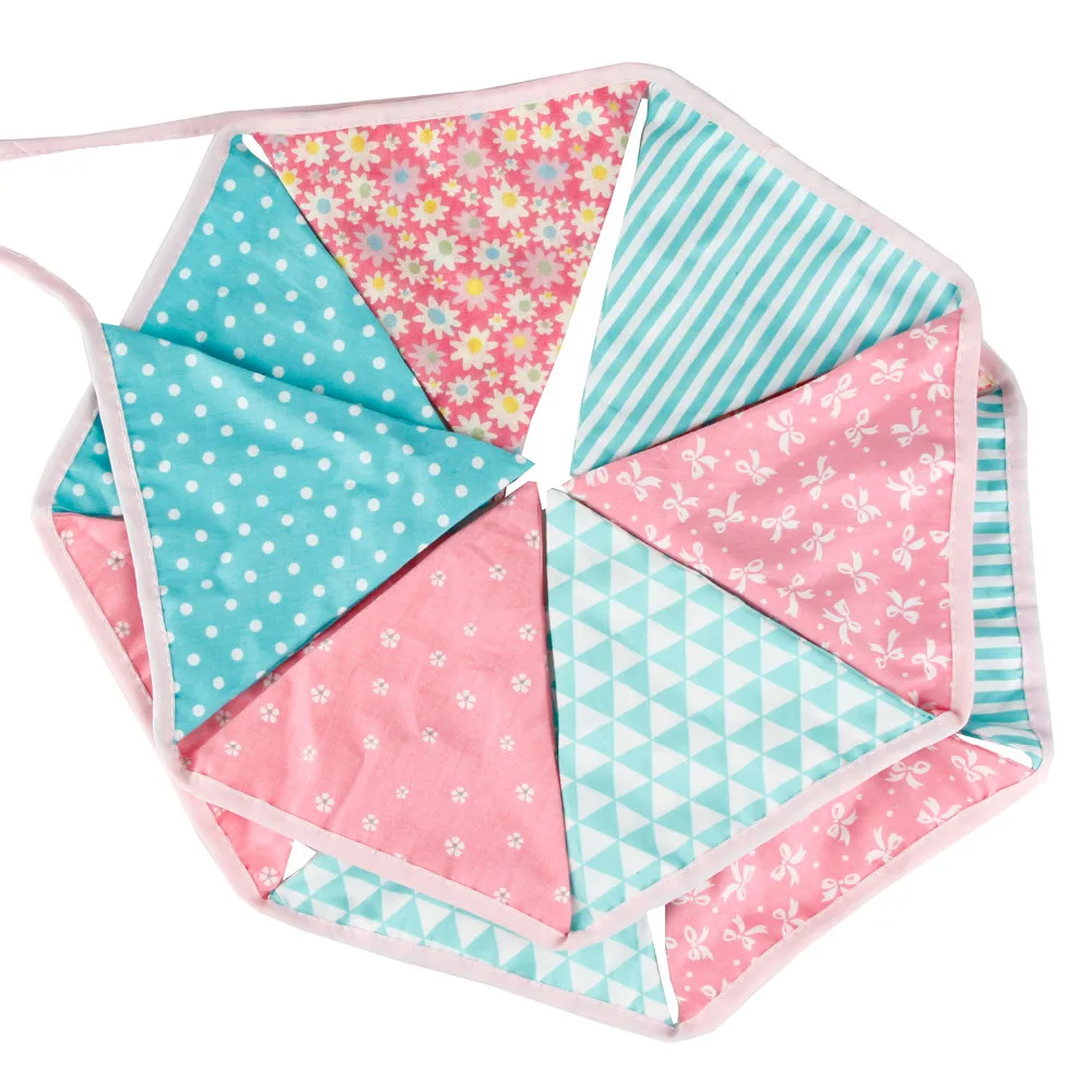 

12 Flags - 3.2M Cotton Fabric Banners Customize Girl Birthday Party Bunting Baby Shower Garland Decoration