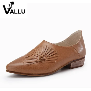 

2019 Leather Shoes Women Pumps Pointed Toes Low Heels Handmade Flower Sheepskin Women Shoes
