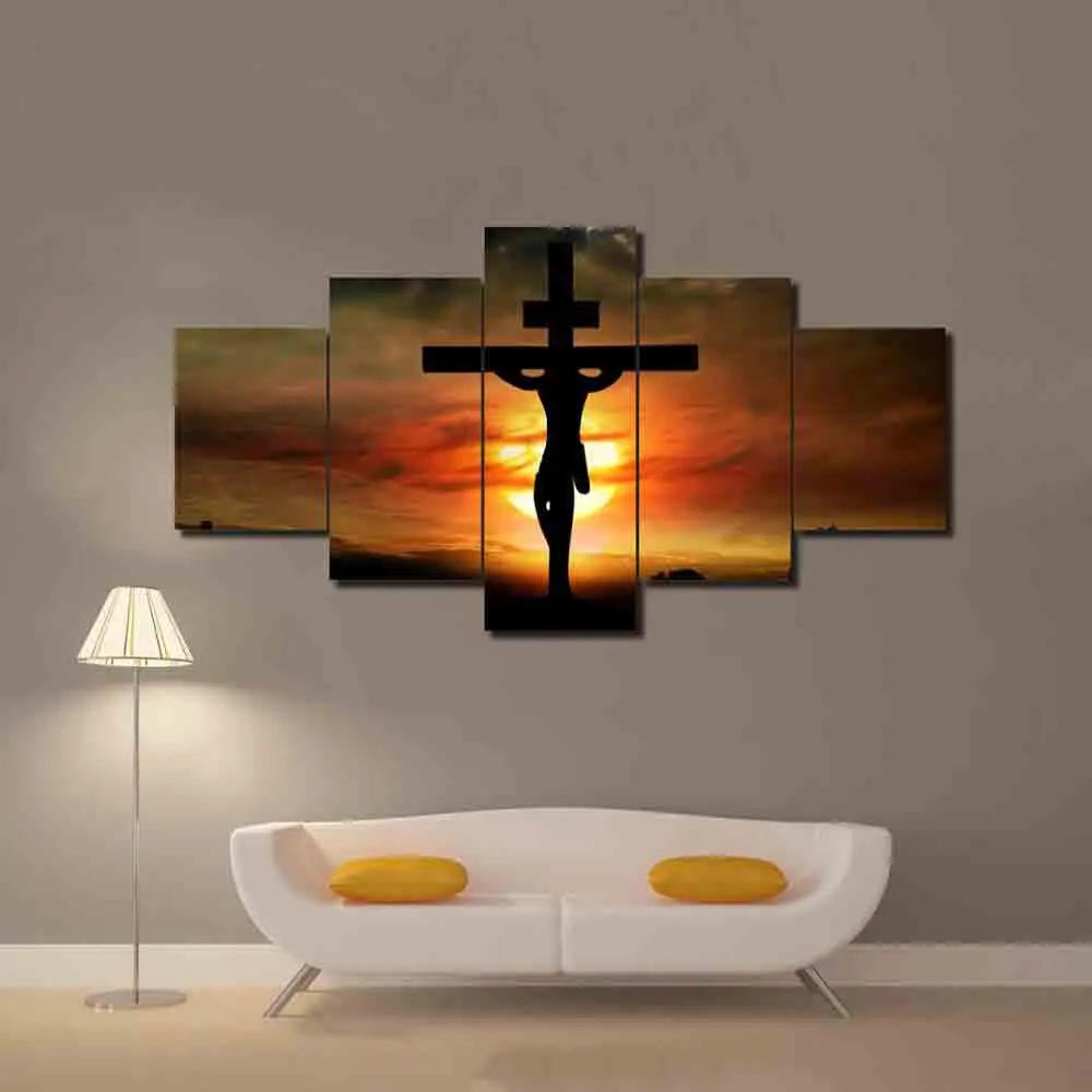 

HD Printed Poster Modular Canvas Jesus Christ Cross God Sunset Scenery Paintings Living Room Decor Pictures Wall Art Framework