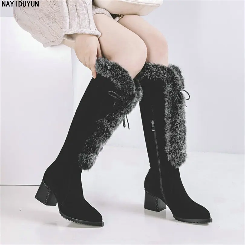 

NAYIDUYUN Women Kid Suede Leather Lace Up High Heel Over The Knee Booties Knee High Fur Pumps Shoes Riding Winter Warm Boots
