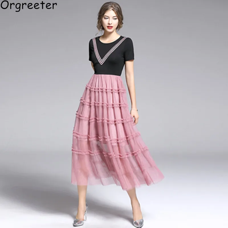 

Women's Pink Mesh Patchwork Holiday Dress Long Big Swing Mid-calf Chic Dresses 2019 New Summer Plus Size XXL