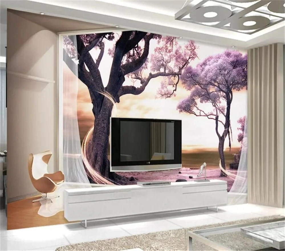 Декоративные обои 3D пространство расширяет окно пейзаж с фиолетовой стена с изображением дерева живопись