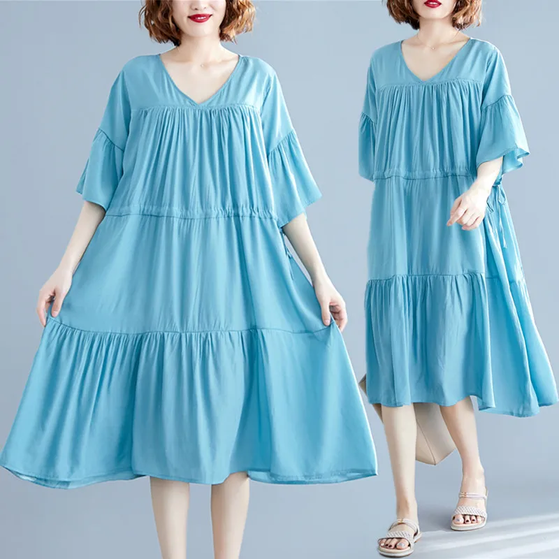 

BIG SIZE 4XL Summer Women Fashion Elegant V Neck Ruffles Tops Female Ladies Plus Large Swing Long Drawstring Sweet Casual Dress