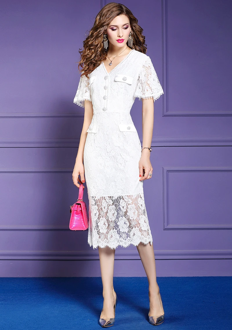 

Long lace Dress new summer small fragrance water soluble lace temperament sexy dress female slim bag hip dinner dress wq1935