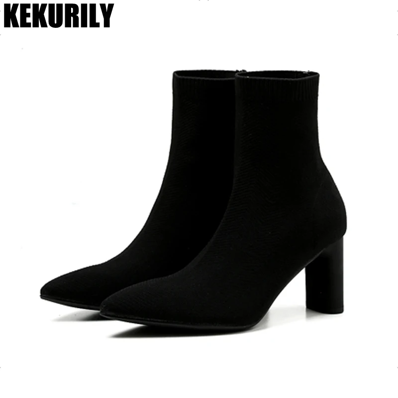 

Shoes Women Knitting Ankle boots Sock Boots Pointed Toe Ladies Winter booties Slip on high Heels Zapatos de mujer Black apricot