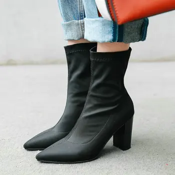 

Black Red Blue Pointed Toe Block High Heel Sock Boots Woman Lycra Stretch Short Boots Ladies Party Dress Fall Summer Boots 2019