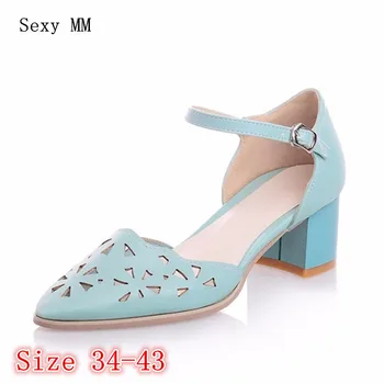 

High Quality Women Square Low High Heels Ankle Strap Pumps Woman High Heel Oxford Shoes Kitten Heels Plus Size 34-40.41.42.43