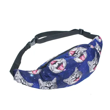

15PCS / LOT Fashion 3D Print Cat Hamburg Dollar Pattern Waist Bags Women Outdoor Chest Shoulder Bags Men Zipper Waist Pack