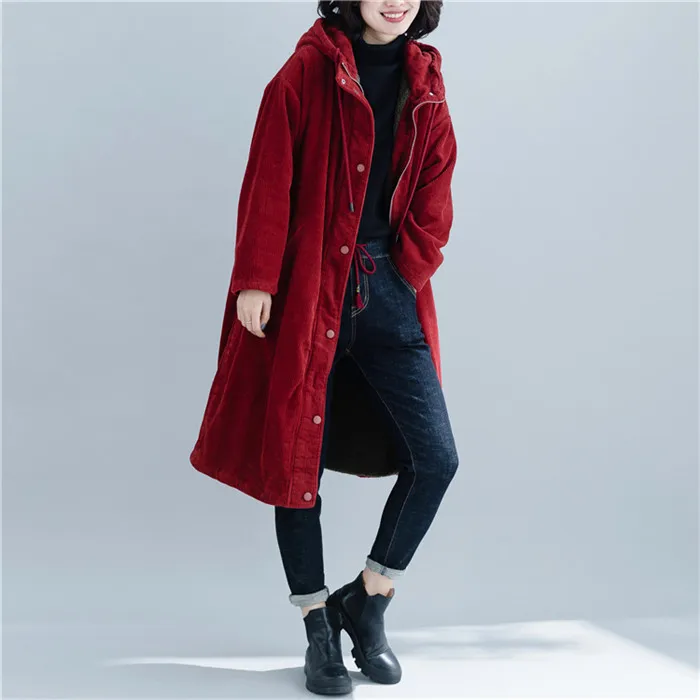 Женские парки больших размеров вельветовые средней длины, плотное пальто с капюшоном, зимние свободные плюс бархатные теплые куртки, красная женская верхняя одежда, WIN930