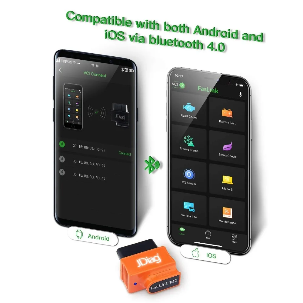 JDiag Bluetooth OBD2 сканер считыватель кодов Faslink M2 профессиональный инструмент диагностики автомобилей совместимый с iPhone и Android(оранжевый