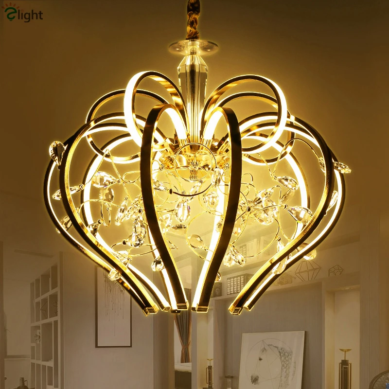 

Post Modern Plate Gold Curved Metal Led Pendant Light Lustre Cristal Luminaire Led Suspension Light Indoor Lighting For Hall