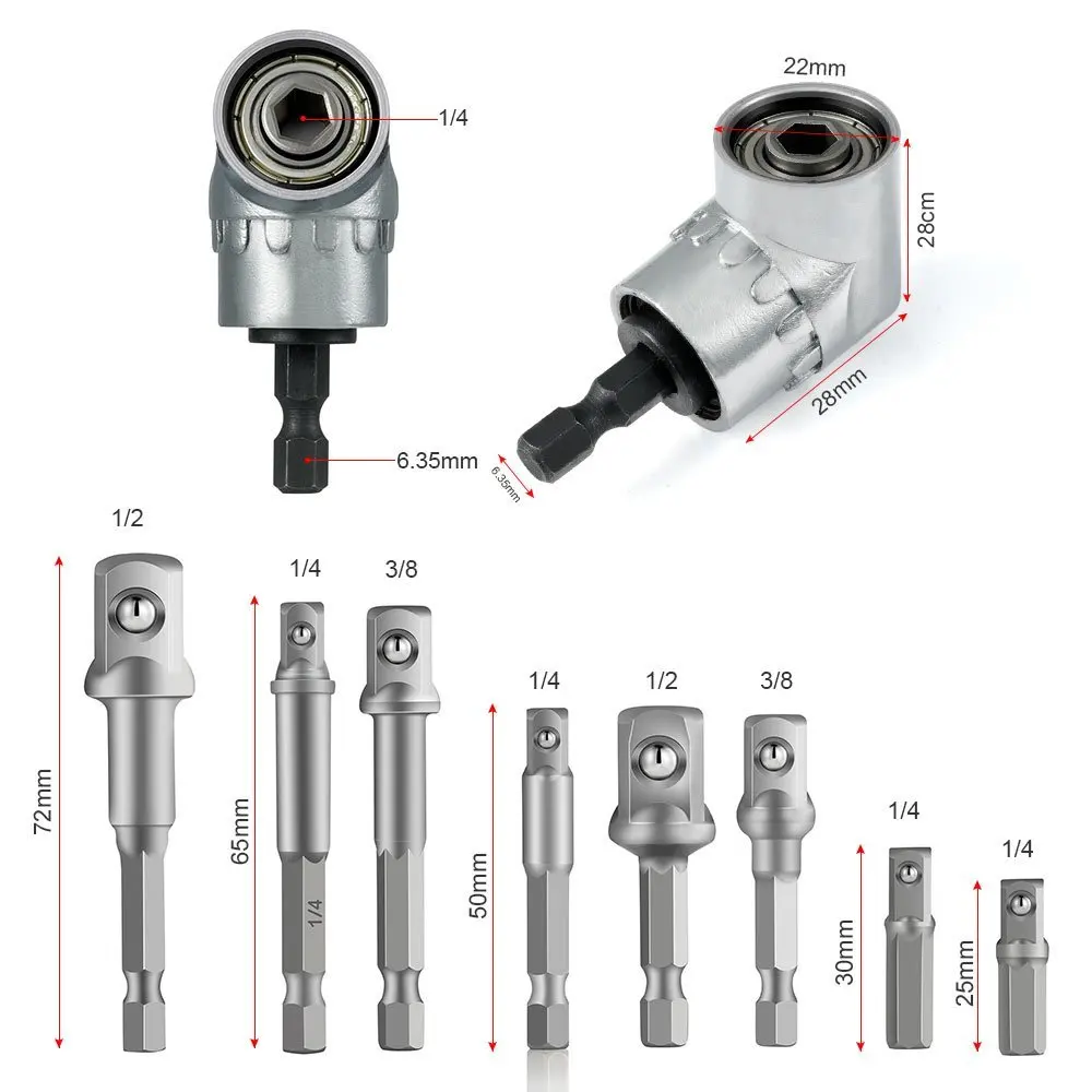 8 шт. гнездо адаптера шестигранным хвостовиком Сверла бар набор 1/4 "3/8" 1/2 "+ 1 шт. 1/4 "Угловые Дрель адаптер расширения вложения инструмент