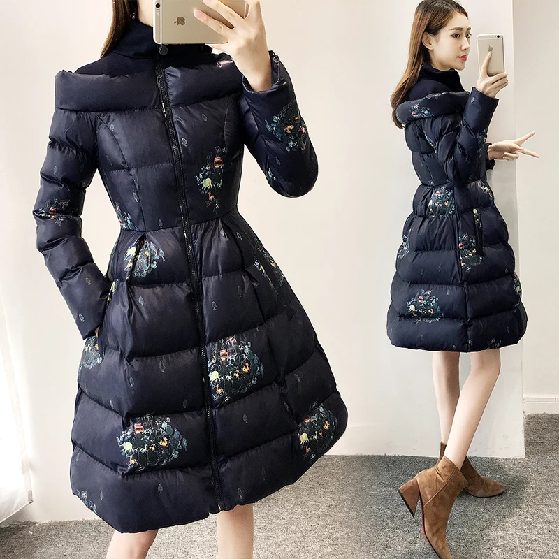 HANZANGL Зимние Модные женские пальто средней длины, хлопковая стеганая куртка, толстый теплый пуховик с принтом, Женская парка, пальто