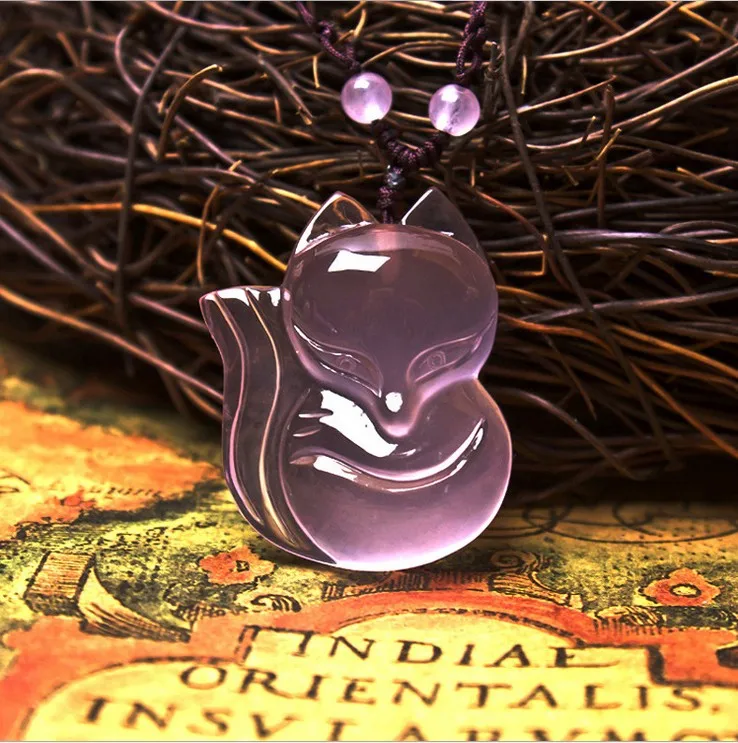 

Nature Nice Purple Carnelian Fox Amulet Hand Carved Lowrie Roseous Chalcedony Agate Lucky Pendant Necklace Talisman