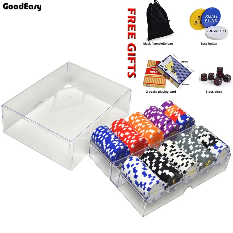 

Hot 200pcs Texas ABS Gold Poker Chips Sets+Dealer Buttons+Playing Cards+Dices+Flannelette Bag Casino Metal Coins Set