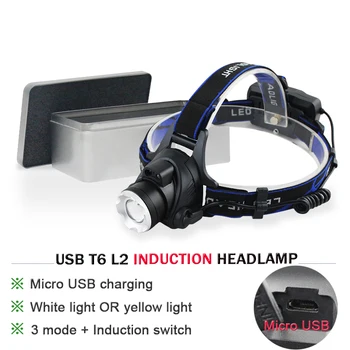 

headlight sensor USB head lamp 18650 rechargeable headlamp flashlight yellow light white light head torch zoom Fishing camping