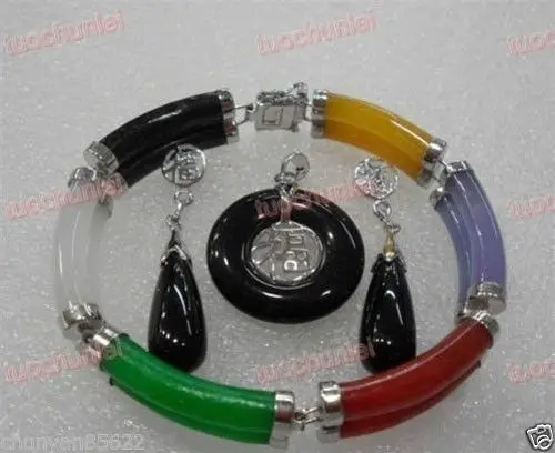 

Hot sale new Style >>>>>Multicolor Jade Link Bracelet Black Jade Lucky Pendant Necklace Earring set