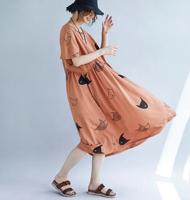 Oversize Summer Dress Plus Size Casual Cotton Linen Women Dress Elegant Cartoon Cat Print Long Maxi Beach Dresses 2019 Vintage4