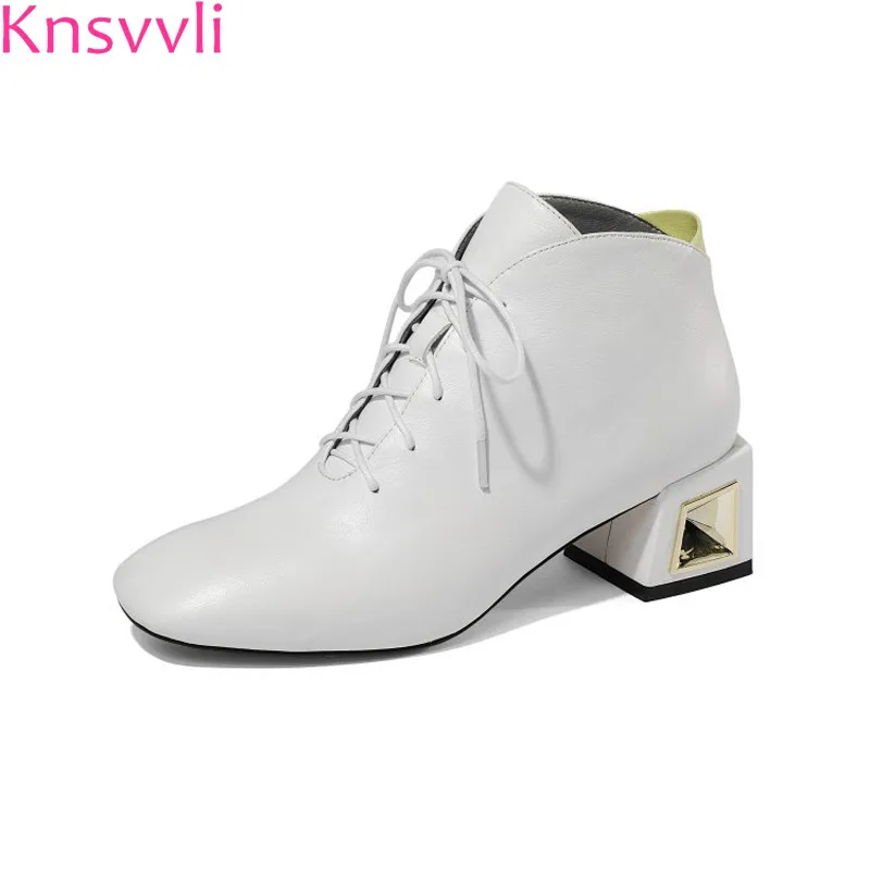 

Knsvvli new metal chunky heel women ankle boots cross tied high heel square toe ladies booties black white short boots woman