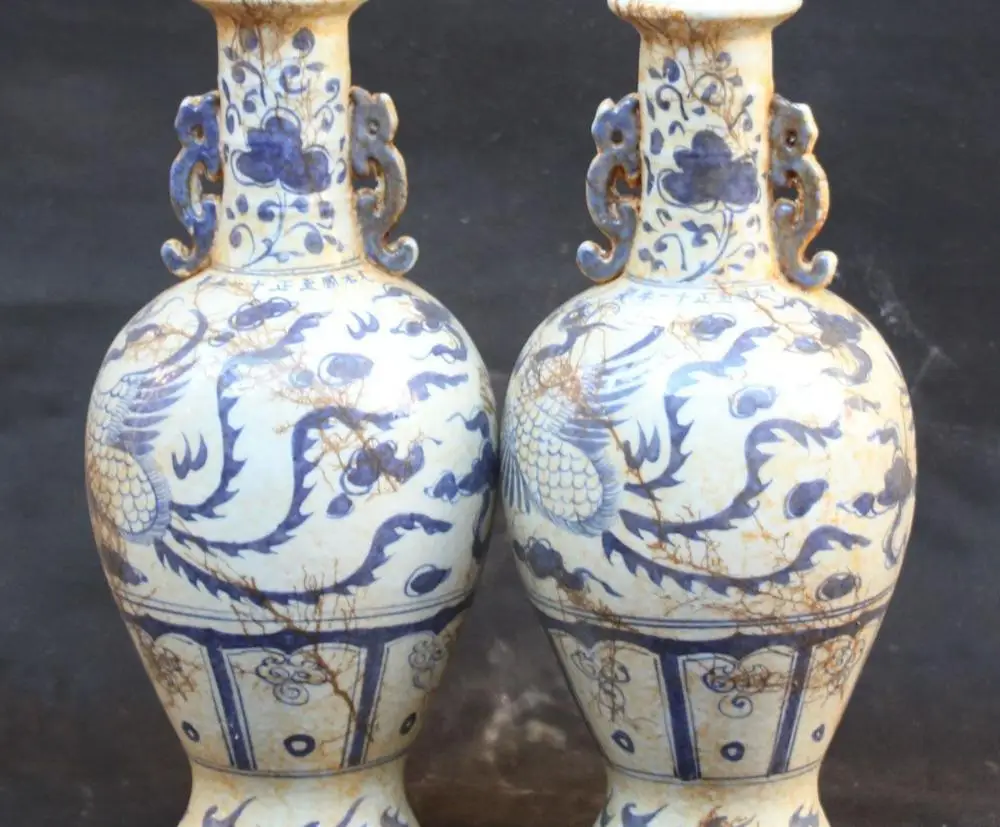 

16" Old Folk Dayuan Dynasty White Blue Porcelain Phoenix Feng Vase Bottle Pair