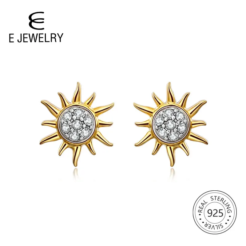 

E Jewelry 18K Gold Plated 925 Sterling Silver Sun Flower Stud Earrings for Women Girls Silver 925 Korean Studs Earings Fashion