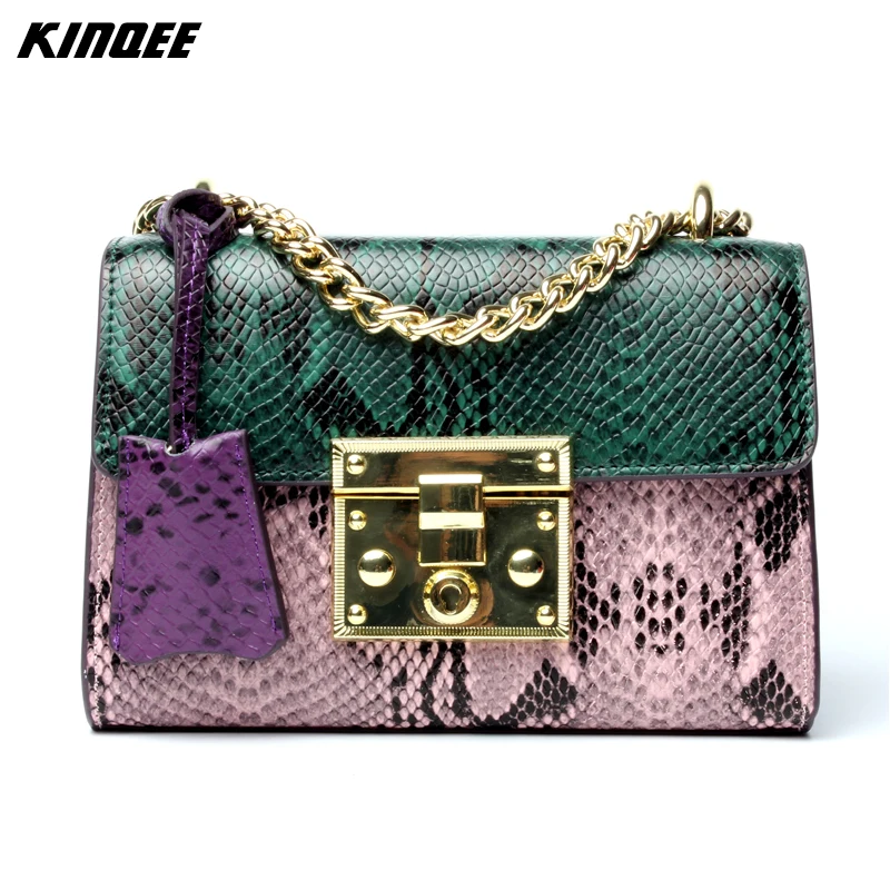 

Casual Lock Chain Bags Serpentine Snake Python Cow Leather Luxury Designer Genuine Flap Messenger Bag Ladies Shoulder Bag