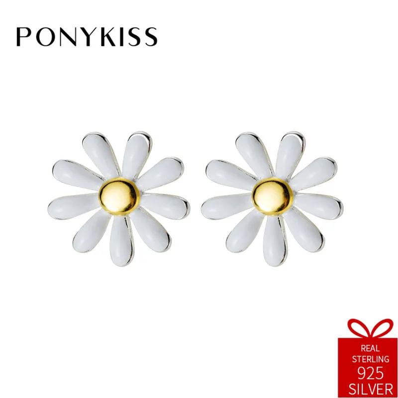 PONYKISS Romantic 100% 925 Sterling Silver Chic Daisy Flower Stud Earrings For Women Party Delicate Accessory Festival Cute Gift | Украшения