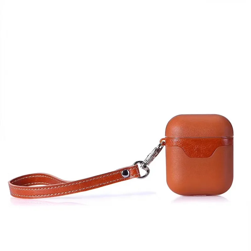 Leather Case For AirPods Luxury Protective Cover Bag Vintage Matte Hook For Apple Air pods Black Brown with key rings strap (2)
