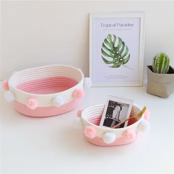 

2019 New Pink Woven Basket With Fluffy Balls Desktop Sundries Books Cosmetic Organizer Office Home Organizers Storage Basket