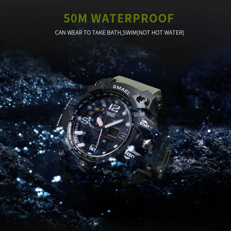 SMAEL Watches Men Big Dial Electronic Dual Display Wristwatches Military Alarm Quartz Clock Man Sports Watch 1545 montre homme
