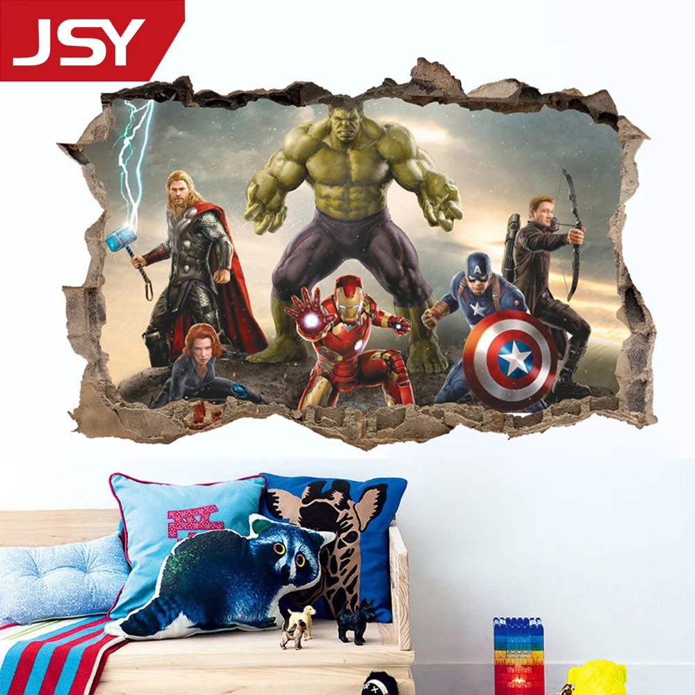 

Jiangs Yu 1 PC The Avengers anime broken wall decals super heroes Iron Man Hulk 3d vinyl stickers kids bed room poster