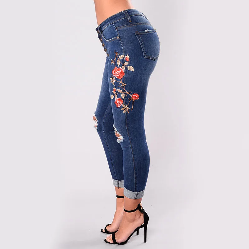 CbuCyi весна женские Модные Костюмы джинсовые брюки плюс Размеры кнопки отверстие Embroidered High-стрейч джинсы женские тонкие джинсовые штаны